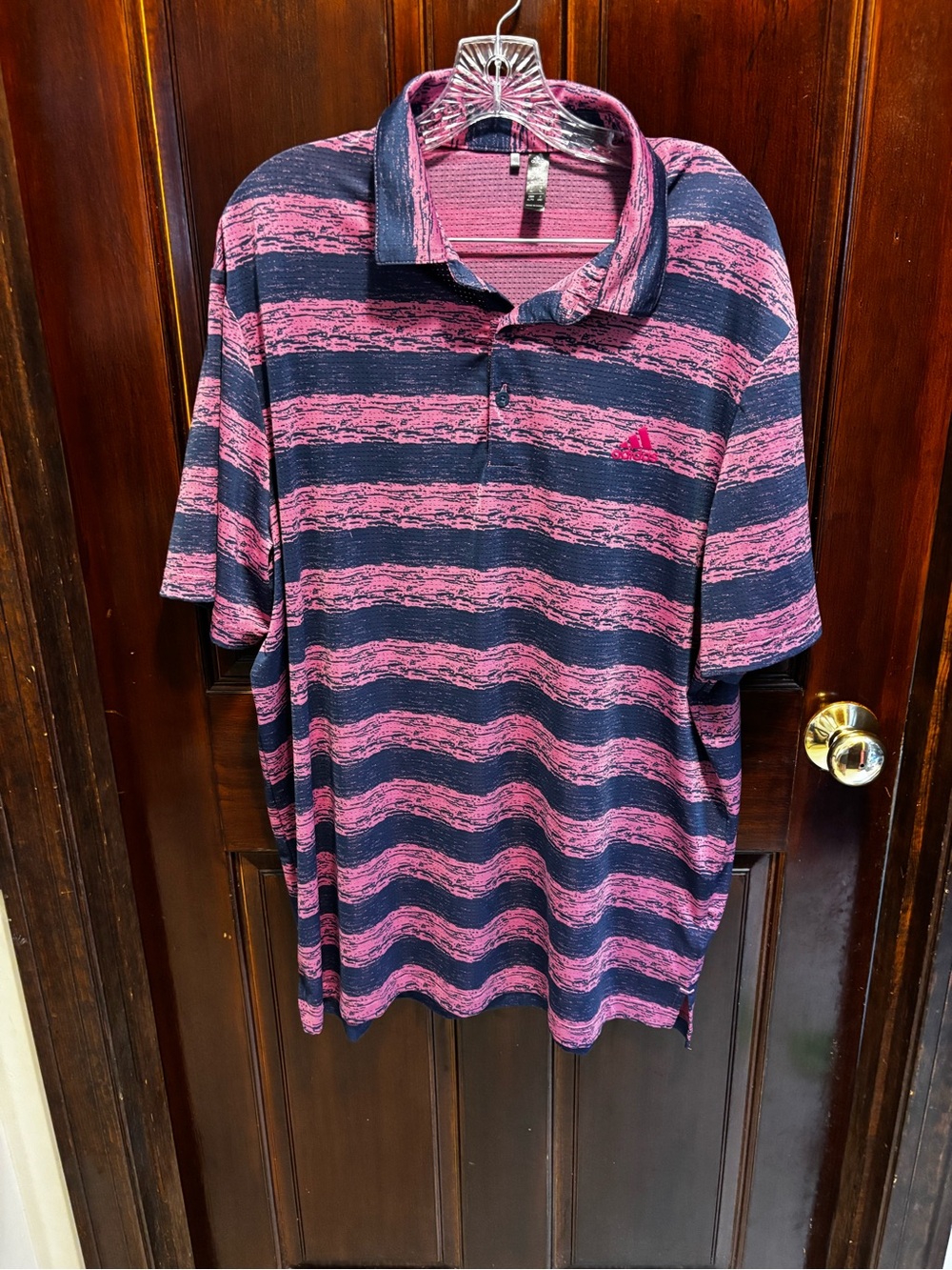 adidas Men's Pink and Navy Striped TPC Boston Golf Polo
